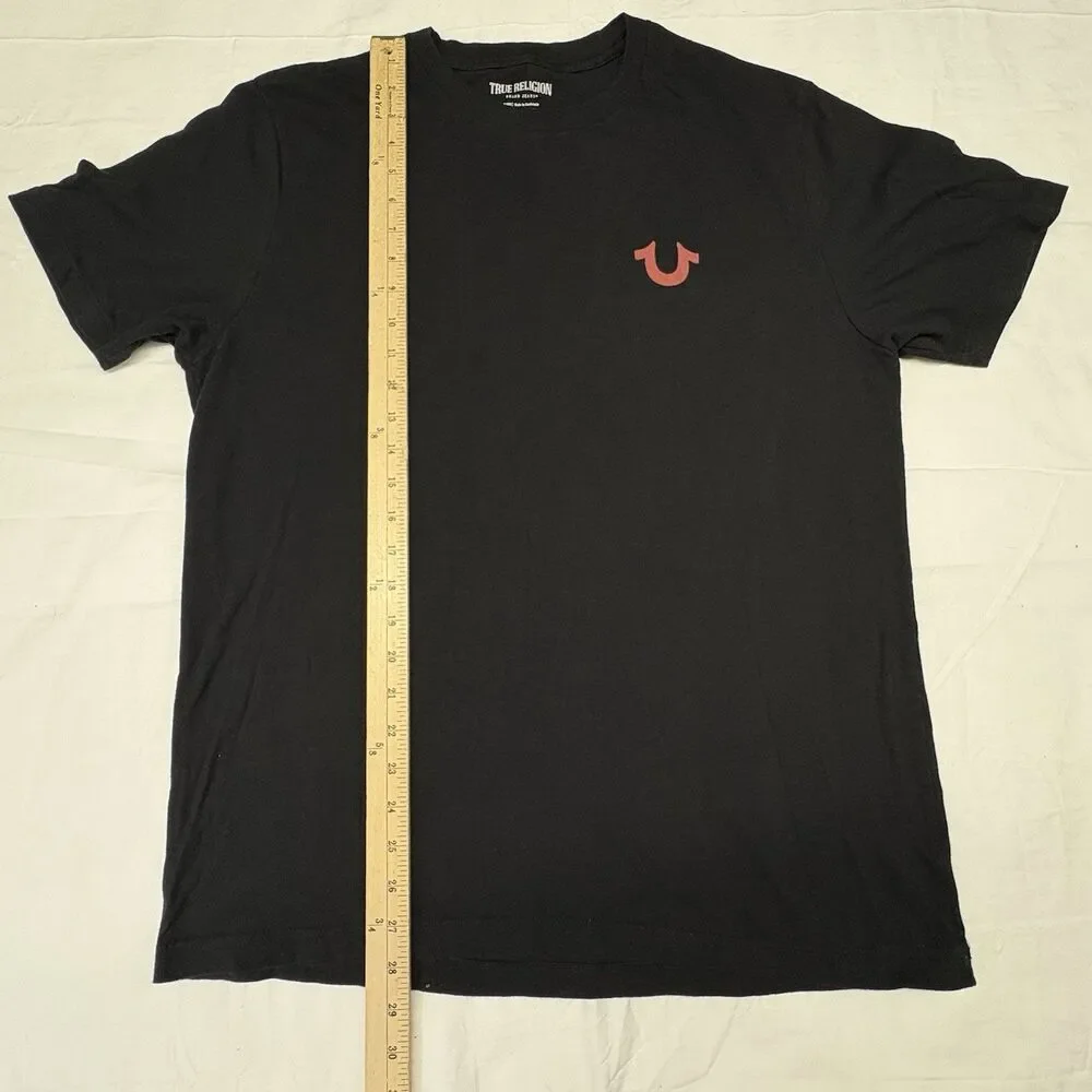 True Religion Mens XL Black T-Shirt Red Horseshoe Logo Cotton Crew Neck Tee
